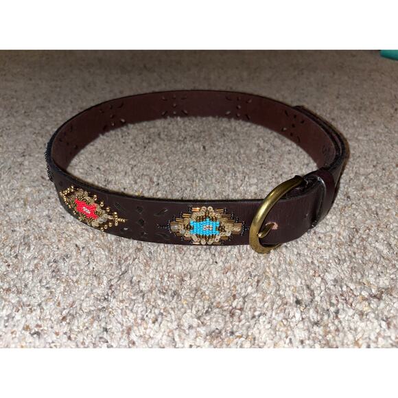 LUCKY BRAND Red Blue Geo Western Beaded Leather Belt Small Southwestern - Picture 1 of 8